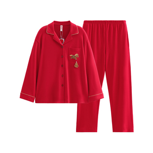 芬腾情侣睡衣女春秋季纯棉红色本命年结婚新婚喜庆男士家居服套装