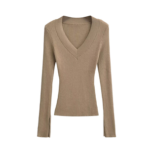 YoungGirlDay 韩漫风性感V领修身显瘦袖口开叉长袖打底针织衫上衣