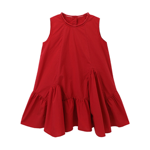 布丁哈鲁童装夏装女童洋气长裙子2025新款夏儿童度假风红色连衣裙