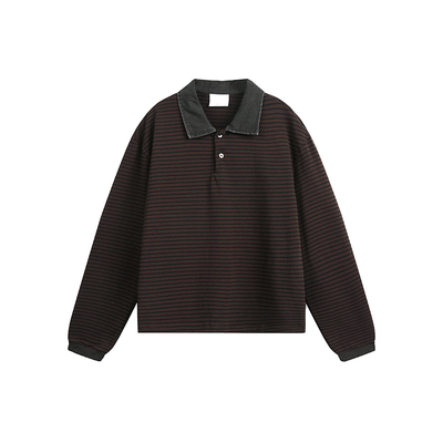 美式复古条纹polo领长袖T恤