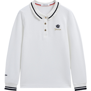 【莱卡棉】英氏女童T恤2026春季新款长袖POLO打底衫白色翻领上衣