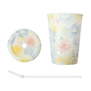 景德镇陶瓷万花杯高颜值网红吸管喝水杯带盖茶杯送女友手工定制礼