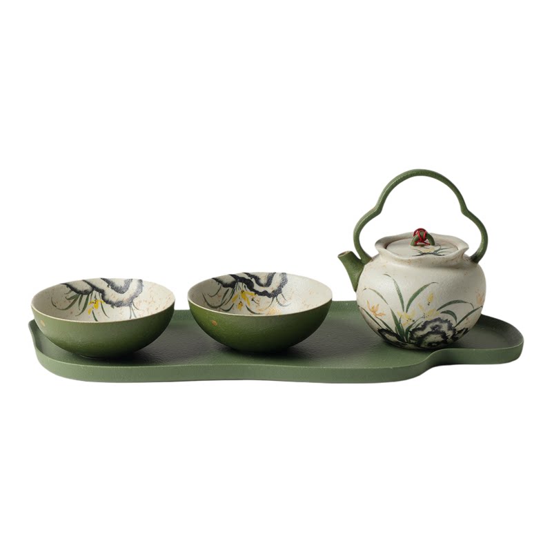 青柑手绘金兰花一壶二杯带小茶盘