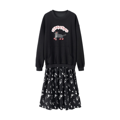 Basic House/百家好2025秋冬新款假两件设计感拼接长袖碎花连衣裙