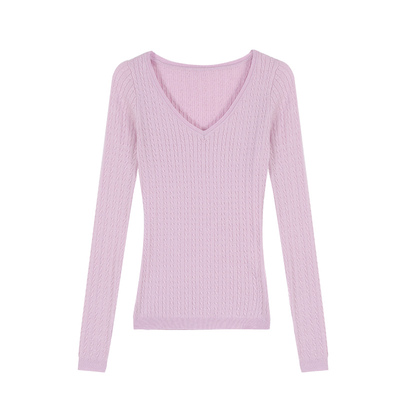 NEVA HU 心机天鹅颈 麻花v领针织衫女修身打底衫显瘦气质内搭上衣