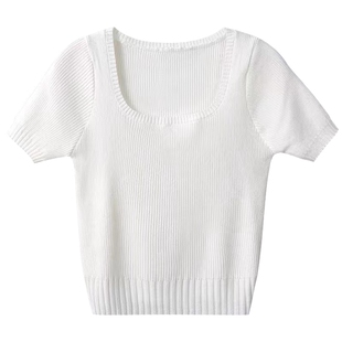 大码黑色短袖t恤女夏胖mm方领短款针织衫纯棉设计感小众冰丝上衣