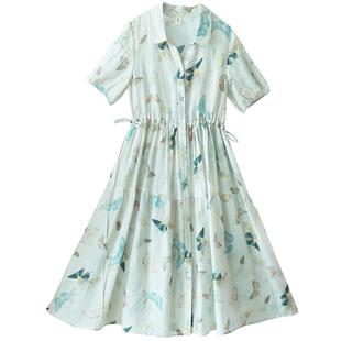 【白日梦我】V领系带收腰连衣裙女夏季新款苎麻印花短袖大摆长裙