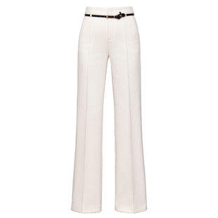 高级感超模神裤蚕丝羊毛呢直筒微喇裤女2025秋冬白色提花喇叭裤厚