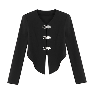 【商场同款】X--MOOM春季新款金属扣下摆弧形无领针织开衫外套女