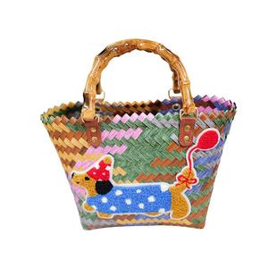 腊肠狗编织包手提复古竹编包草编包仿藤编竹节包上班通勤包菜篮子