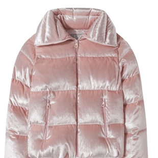 CNC女装冬季新款粉色丝绒大翻领羽绒服女短款加厚保暖外套