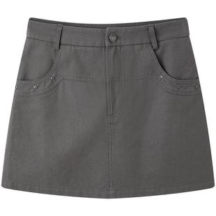 乐町复古铆钉装饰短裙夏季女纯棉甜酷辣妹显瘦A字半身裙