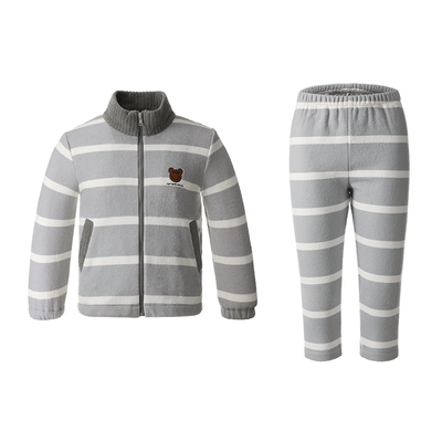 芬腾防静电男童珊瑚绒家居服套装秋冬加厚保暖条纹拉链睡衣男大童