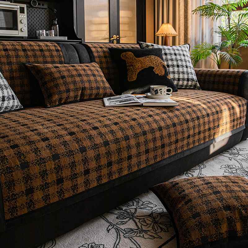 沙发垫复古格子防滑简约四季通用法式排巾沙发中古风沙发坐垫盖直