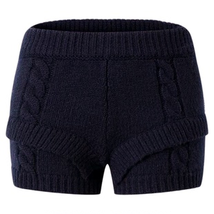 ChicChick时髦小鸡 海军蓝美式复古含羊毛百搭绞花假两件毛织短裤