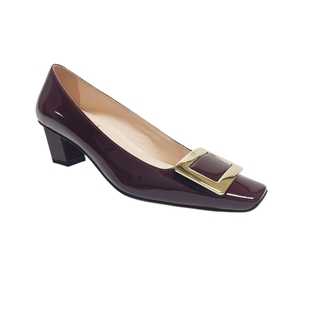 外贸真皮中跟RV金属方扣女鞋欧美漆皮方头方根浅口通勤办公室单鞋