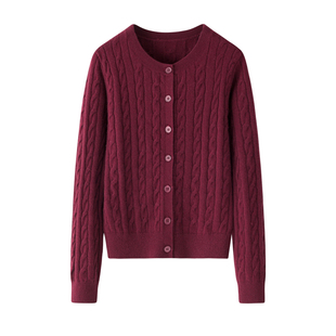 安可拉红山羊绒~女士高端鄂市产100圆领开衫秋冬正品绞花复古针织