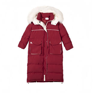 大码女装红色过膝长款保暖羽绒棉服女胖mm气质减龄毛领连帽厚外套