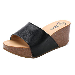 真皮厚底坡跟舒适拖鞋时尚松糕鞋女小码一字拖32外穿性感鱼嘴拖鞋