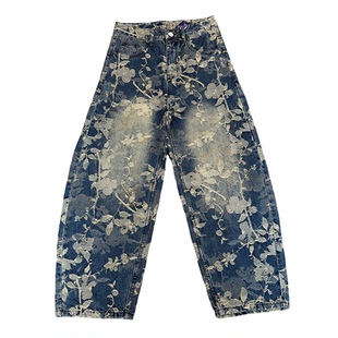 【弯刀阔腿裤】美式工装男定制提花牛仔裤休闲潮流迷彩男女款长裤