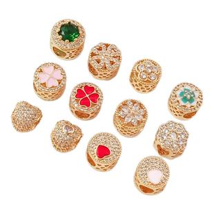 14K包金保色镶锆滴油心形四叶草大孔隔珠DIY红绳手链项链饰品配件