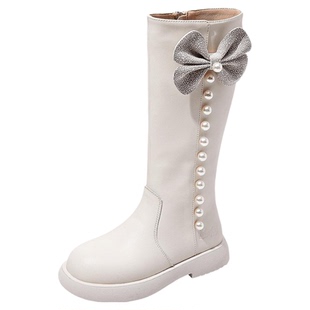 芭比童鞋儿童靴子女童长靴2025新款秋冬软底中大童皮靴白色高筒靴