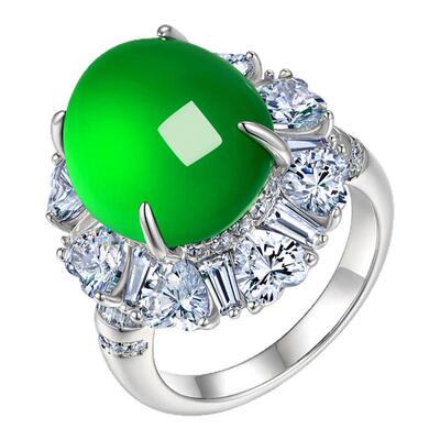 AILEQ925银天然玉髓满绿桃心蛋面欧若风戒指时尚珠宝明星同款饰品