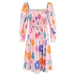 tanni优雅淑女清新纯棉方领中长款印花长袖连衣裙女TM11DR620A