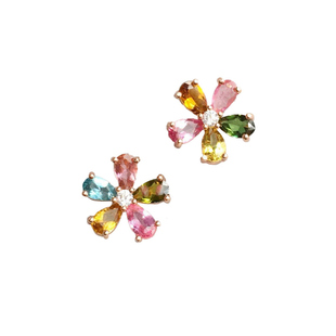 【花形】仿碧玺耳钉女士镶嵌镀S925银甜美小清新时尚潮流耳饰