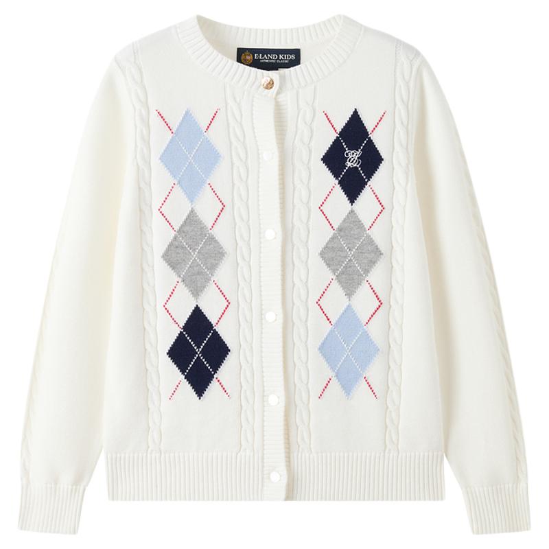 eland kids衣恋童装女童针织开衫26春秋新品休闲学院风菱格纹毛衣