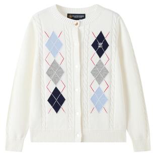 eland kids衣恋童装女童针织开衫26春秋新品休闲学院风菱格纹毛衣