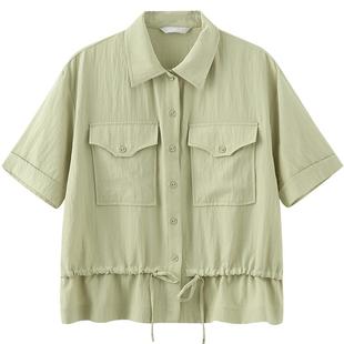 MB MindBridge夏季女士短袖收腰系带衬衫翻领设计感衬衣工装上衣