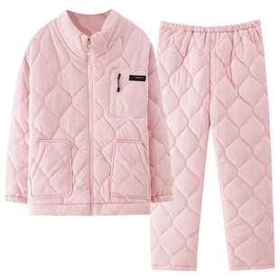 浪莎三层夹棉睡衣女纯棉加厚保暖套装2025新款加大码家居服秋冬款