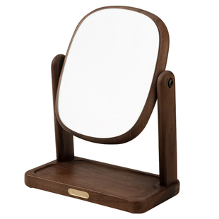 化妆镜黑胡桃木台式镜子家用高清可旋转桌面简约复古卧室梳妆台镜