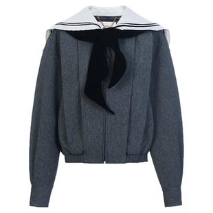 lefame拉飞姆2026早春新款时尚毛织提花花边学院海军风夹克外套