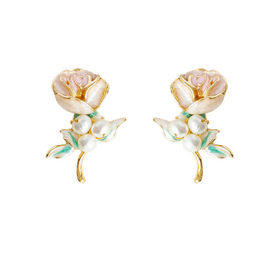 Dopamine Vault」浮香盏.珐琅滴油玫瑰花朵珍珠耳环小众百搭耳钉