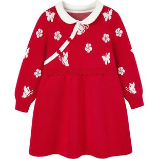 全棉时代女童连衣裙红色圣诞儿童裙子新年女幼童棉线针织连衣裙