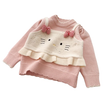 女童假两件毛衣加绒加厚套头冬季德绒2025新款洋气女宝宝可爱上衣