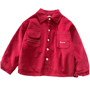 男童加绒衬衫冬季儿童加厚灯芯绒衬衣红色外套小男孩宝宝保暖上衣
