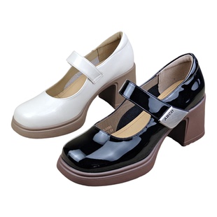 漆皮女单鞋品牌断码处理女鞋浅口皮鞋厚底粗跟时装鞋高跟玛丽珍鞋