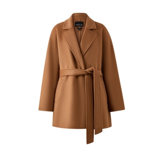 【绵羊毛+山羊绒】PRICH时尚双面呢大衣冬新款系带中短外套女