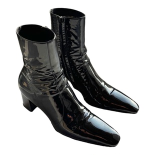 暗黑漆皮男士切尔西靴尖头男女款方头亮面战靴增高7cm黑金时装靴