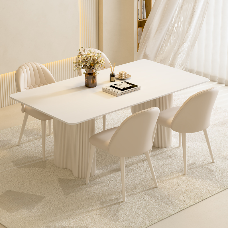 奶油风纯白岩板餐桌家用小户型现代简约轻奢网红长方形餐桌椅组合