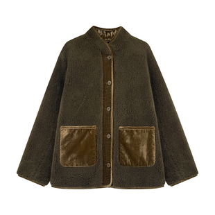 NILICO陈媚【泰迪熊】简约百搭拼接廓形大口袋羊羔毛外套