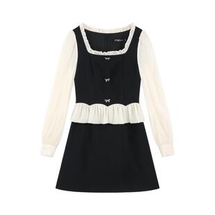 法式假两件方领黑色连衣裙女春季新款高级感气质韩系千金风a字裙