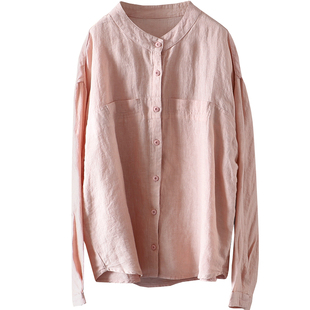 春季宽松显瘦砂洗100%亚麻长袖衬衫上衣女简约通勤小立领衬衣麻衫