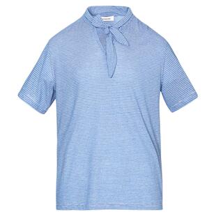 LEONSENSE力上司 针织棉麻蓝白条纹短袖T恤 领巾设计度假休闲中性