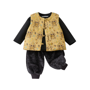 儿童新中式锦鲤黄马甲男童夹棉加厚背心小童宝宝新年冬季外穿棉衣