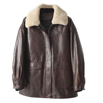 海宁真皮皮衣油蜡绵羊皮鹅绒羽绒服女款2025新款羊毛领中长款外套