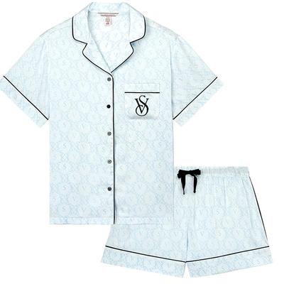 维密 杨幂同款宅度假缎面水光绸丝滑短袖印花家居服套装睡衣女夏